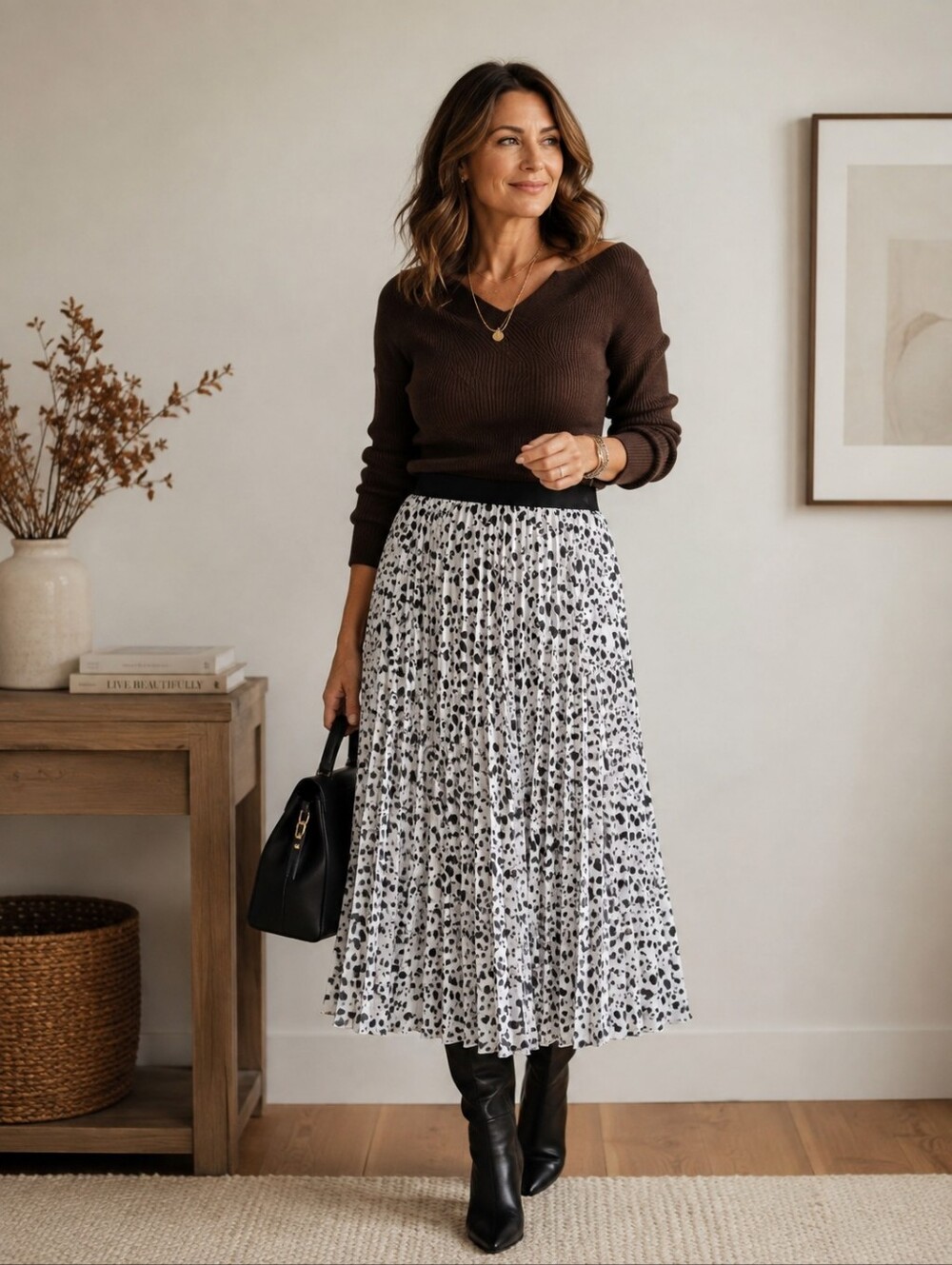 Black & White Animal Print Pleated Midi Skirt.